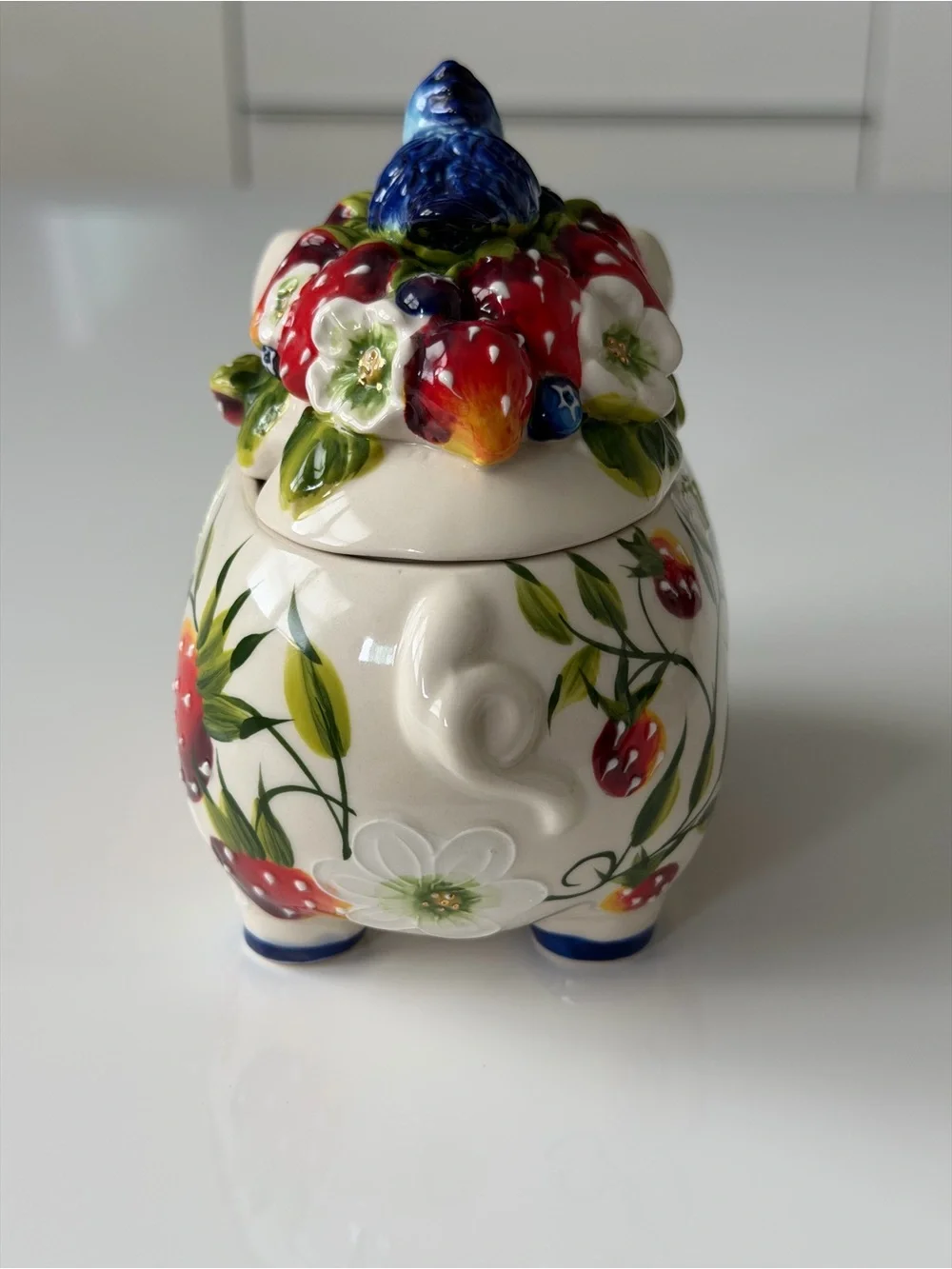 Blue Sky Heather J. McCall 2004 Hand-Painted Strawberry Pig Sugar Bowl Jam Pot
